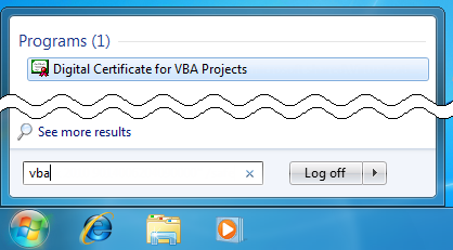 Open SelfCert.exe or the "Digital Certificate for VBA Projects" application by typing "VBA" in the Start Menu.