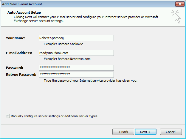 Use Auto Account Setup in Outlook 2007 to configure your Outlook.com account.