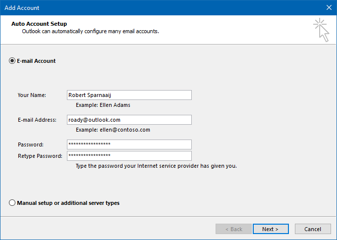 Use Auto Account Setup in Outlook 2013 and Outlook 2016 to configure your Outlook.com account.