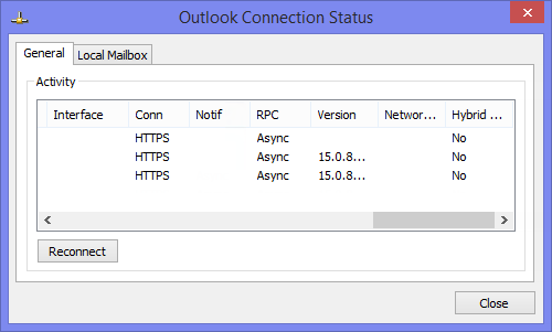 Outlook Connection Status dialog - Conn column