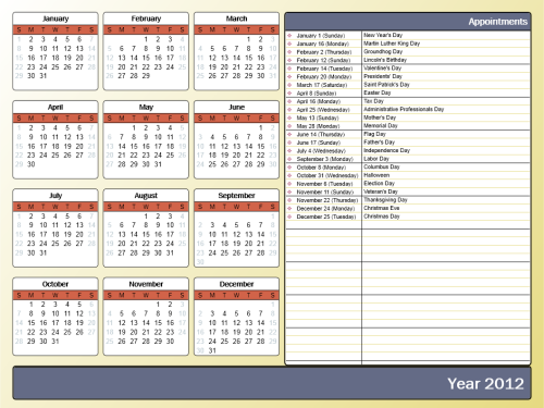 Modified template 3, with color style “Civic”, font set “Franklin Gothic Book with Arial”, calendar style “Rounded” and a custom calendar icon. (click on image to enlarge)
