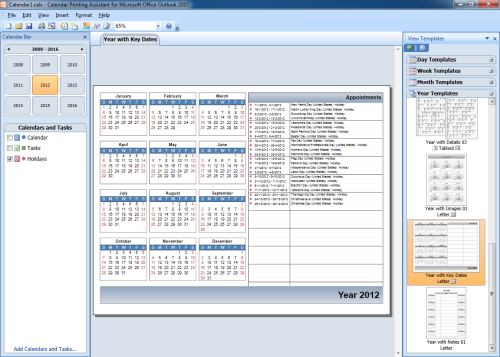 Calendar Printing Assistant - Year with Key Dates - Holidays calendar 2012 (click on image to enlarge)