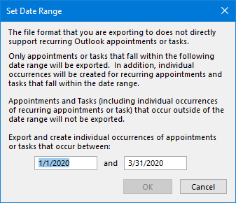 When exporting the Calendar or Tasks folder, you can set a date range for recurring items.