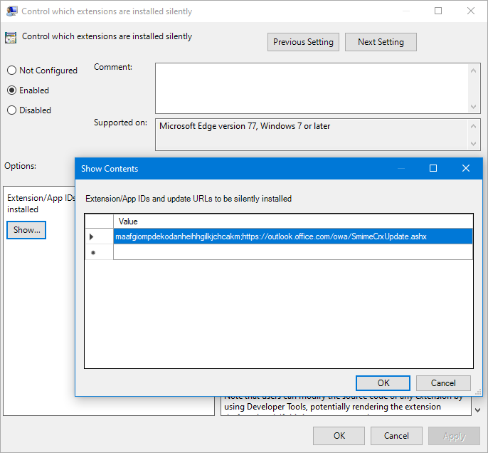 Setting the ExtensionInstallForcelist value in the Group Policy Editor to install the S/MIME extension.