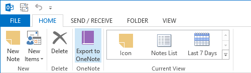Export to OneNote button added to the "Home (Notes)" Ribbon tab.