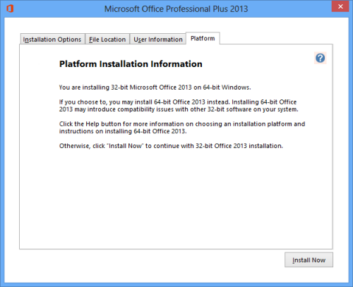 Installation Information about the availability of the 64-bit version of Office 2013 (click on image to enlarge)