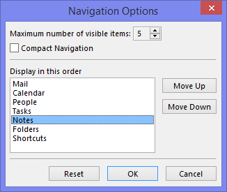Notes Navigation in Outlook 2013