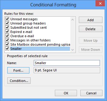 Changing the size of the sender's name in Conditional Formatting