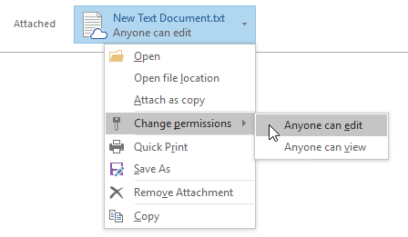 Attachment Options for Cloud files in Outlook 2016 - Change Permissions - Attach as copy