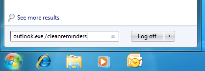 Starting Outlook with the cleanreminders switch in Windows 7.