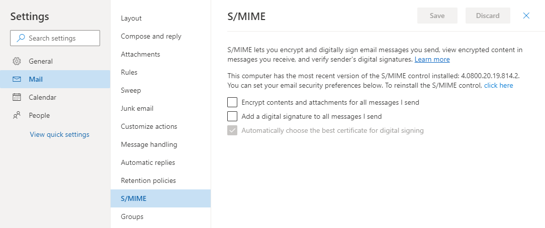 S/MIME settings page in Outlook on the Web for Office 365.