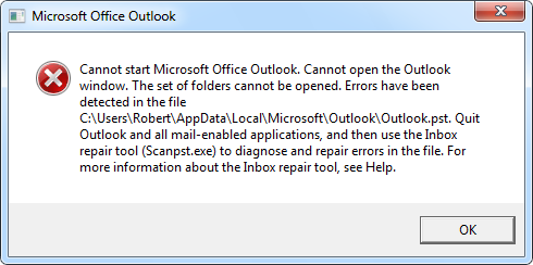 Cannot start Microsoft Outlook. Cannot open the Outlook window. The set of folders cannot be opened. Errors have been detected in the file <path to pst-file>. Quit Outlook and all mail-enabled applications and then use the Inbox repair tool (Scanpst.exe) to diagnose and repair errors in the file. For more information about the Inbox repair tool, see Help.