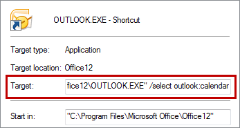 Creating a custom shortcut with the command line to start Outlook in the Calendar folder. (click on the image to enlarge)