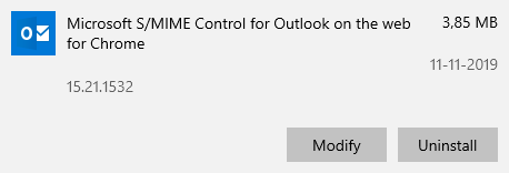 Installed Apps list - Microsoft S/MIME Control for Outlook on the web for Chrome