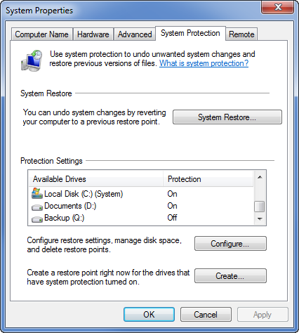 Select a drive and then press Configure to enable Previous Versions.