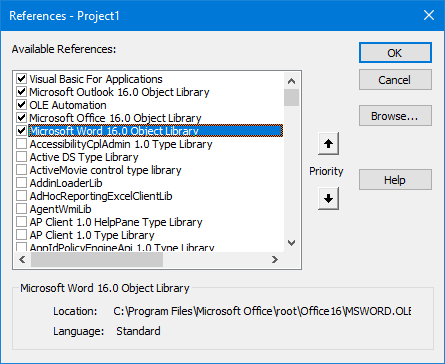 A reference to the Microsoft Word Object Library is required for this macro to work.