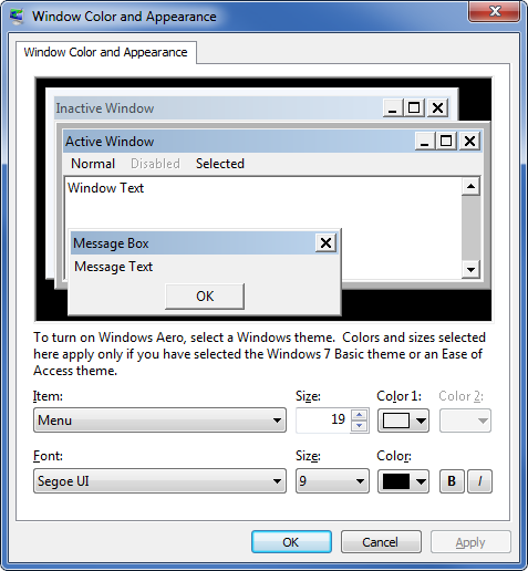 Window Color and Appearance settings in Windows 7
