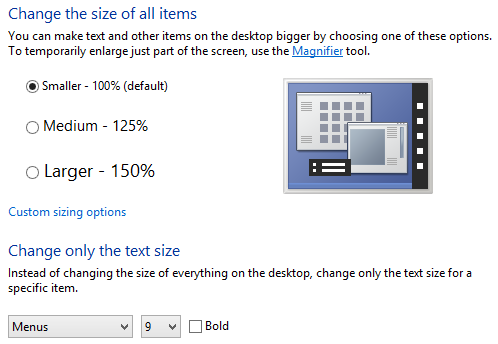 Change dpi and font size in Windows 8