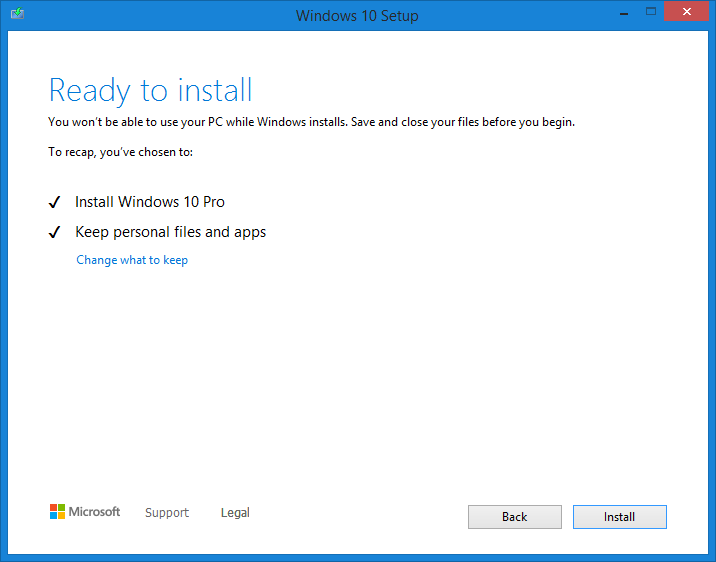 Windows 10 upgrade from Windows 8 - Ready to install