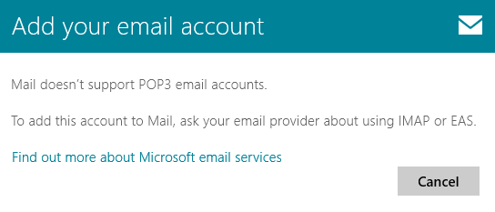 The Windows 8 Mail App doesn't support POP3; Outlook does, even on Windows 8!