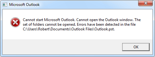 Cannot start Microsoft Outlook. Cannot open the Outlook window. The set of folders cannot be opened. Errors have been detected in the file <path to pst-file>.