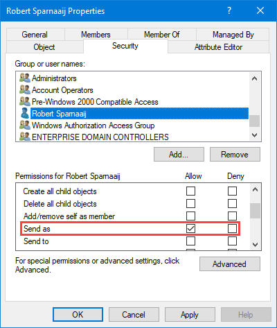 Setting Send As permissions on an object in Active Directory Users and Computers.
