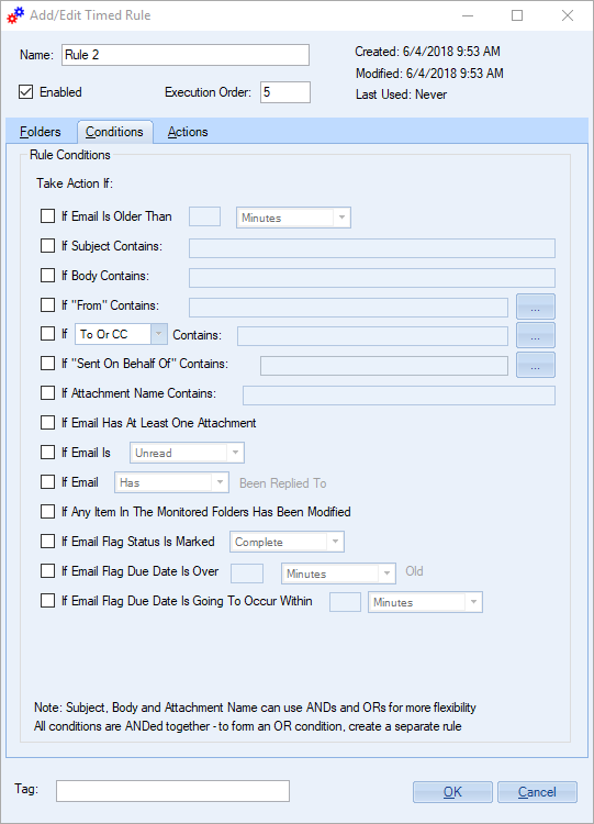 Timed Email Organizer conditions - Sperry Software