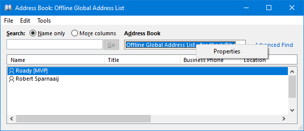 Address Book - Offline Global Address List Properties Context Menu