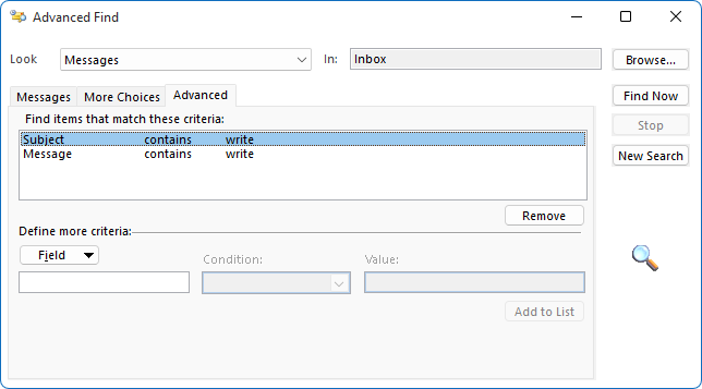 Setting up an Advanced Find with the “contains” condition.