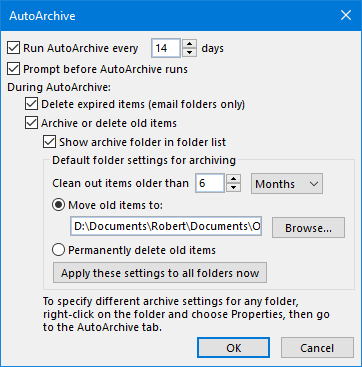 AutoArchive Options (click on image to enlarge)