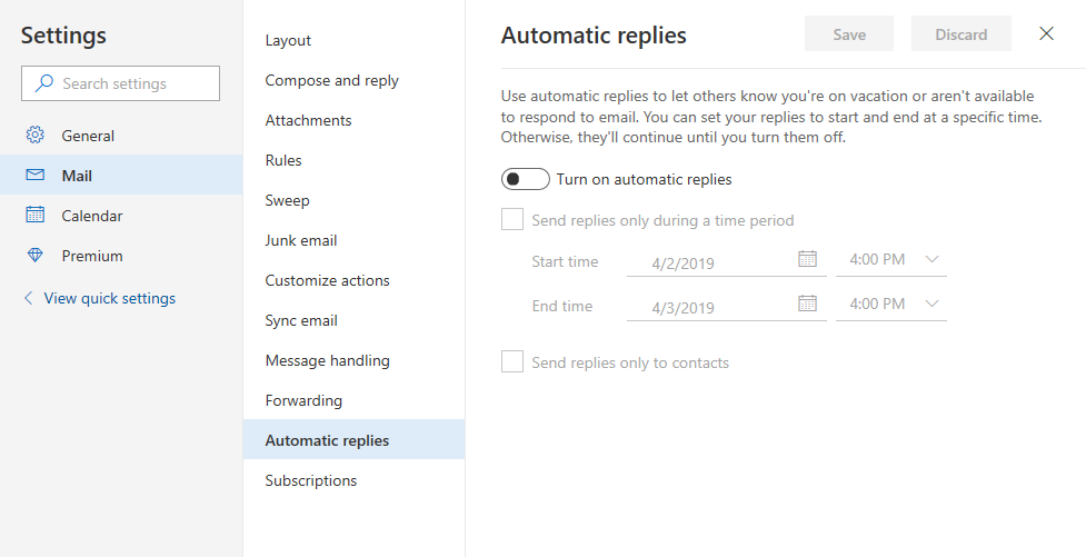 Automatic replies command in Outlook.com.