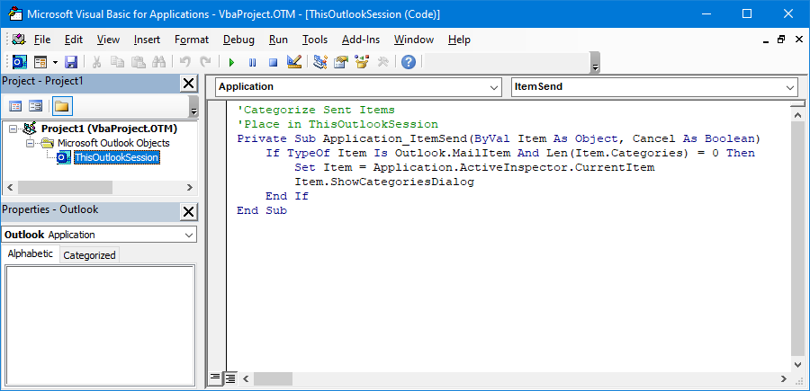 The above code copied in ThisOutlookSession of the VB Editor.