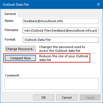 Compact Now dialog in Outlook.