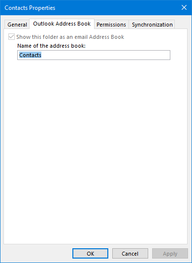 Contacts folder selected as Outlook Address Book