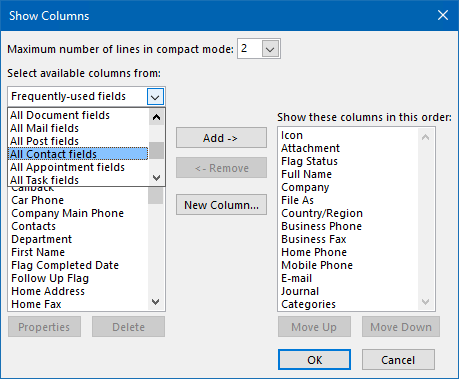 You can choose between even more fields by selecting “All Contact fields” from the “Select available columns from” dropdown list. 