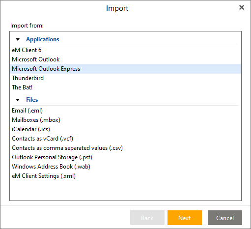eM Client - Import - Outlook Express