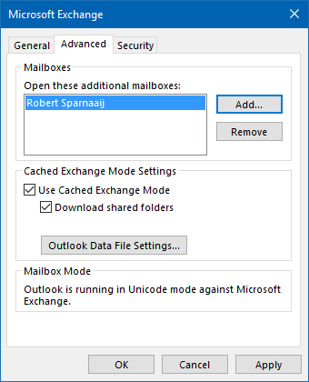 Microsoft Exchange - Account Settings - Advanced - Add additional mailbox.
