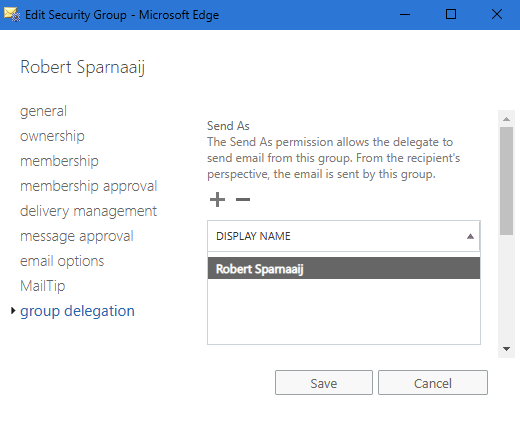 Setting Send As permissions on an object in the Exchange Admin Center (ECP).