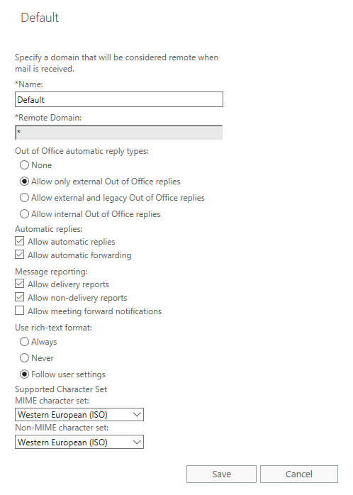 Configuration for the “Default” Remote Domain in Microsoft 365.