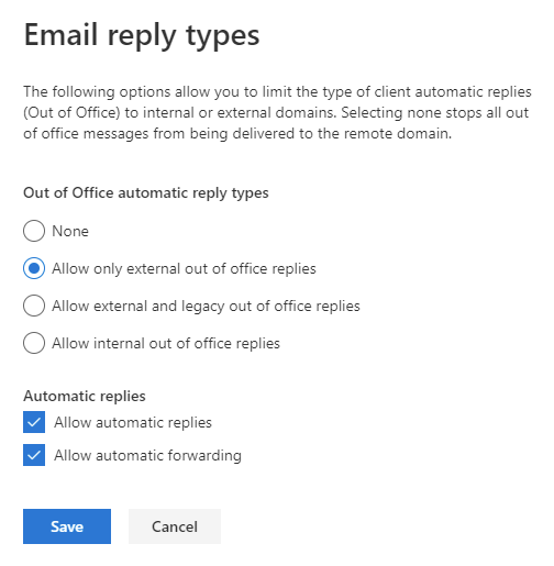 Configuration for the “Email reply types” for Remote Domains in Microsoft 365.