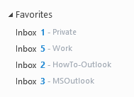 Favorites section in Outlook with short custom names.