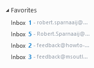 Favorites section in Outlook with email addresses truncated.