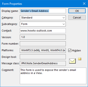 The form properties of the viewsenderaddress.cfg file.