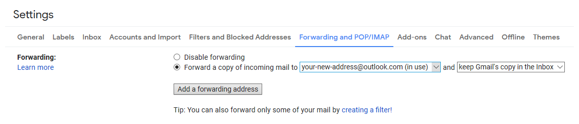 By configuring Gmail to forward all your emails to your @outlook.com address, you don’t have to worry about missing any emails that are still sent to your Gmail address.