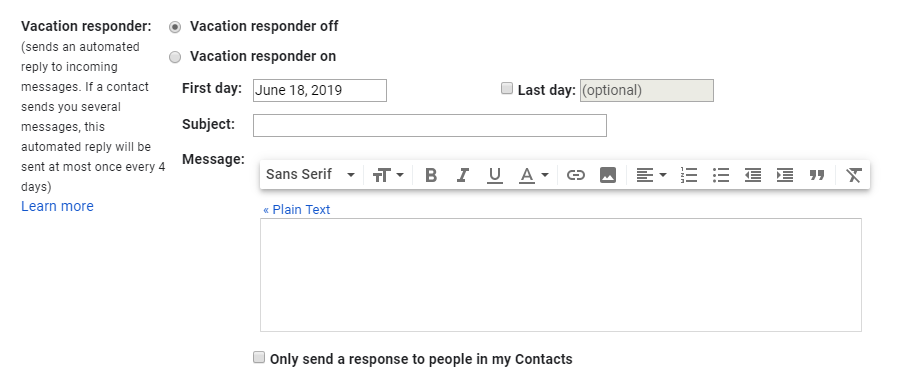 Settings vacation responder in Gmail. (click on image to enlarge)