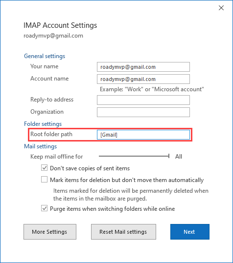 gmail account settings for outlook 365