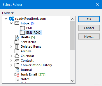 Select Outlook folder for eml import.