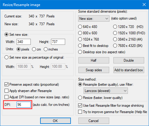 Changing the dpi-settings in IrfanView. (Click in image to enlarge)