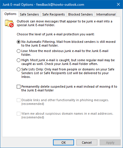 Junk E-mail Filter Options