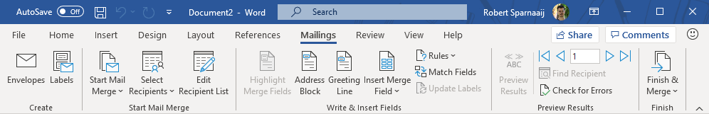 The Mail Merge tab in the Ribbon of Word as part of a Microsoft 365 subscription.